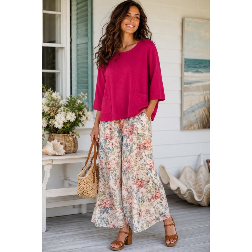 Bryn Walker Pink Pocket Top M Lagenlook Relaxed Oversized 3/4 Sleeve Made USA